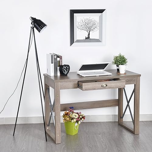 Miniatura 2 de FurnitureR Escritorio para computadora de oficina en casa con marco de metal resistente y cajón y asa de tirar, escritorio de estudio de madera