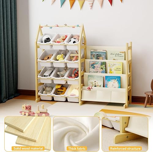 Miniatura 3 de Organizador de almacenamiento de juguetes de madera para niños, con 12 cubos organizadores de juguetes, estante para libros infantiles para