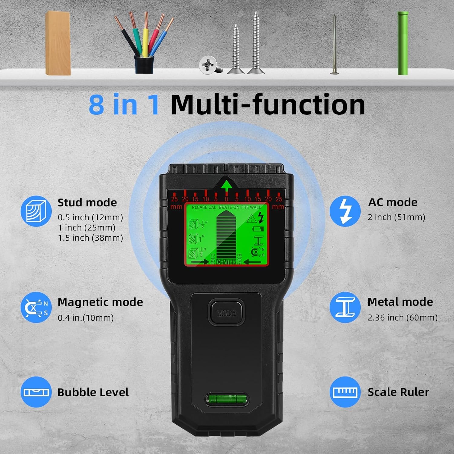 Detector Cables y Tuberias - Escáner Multifunción con Pantalla LCD y Alarma Sonora, Detector de Cables y Metales para Madera, Tuberías, Vigas y Cables de Corriente, Negro
