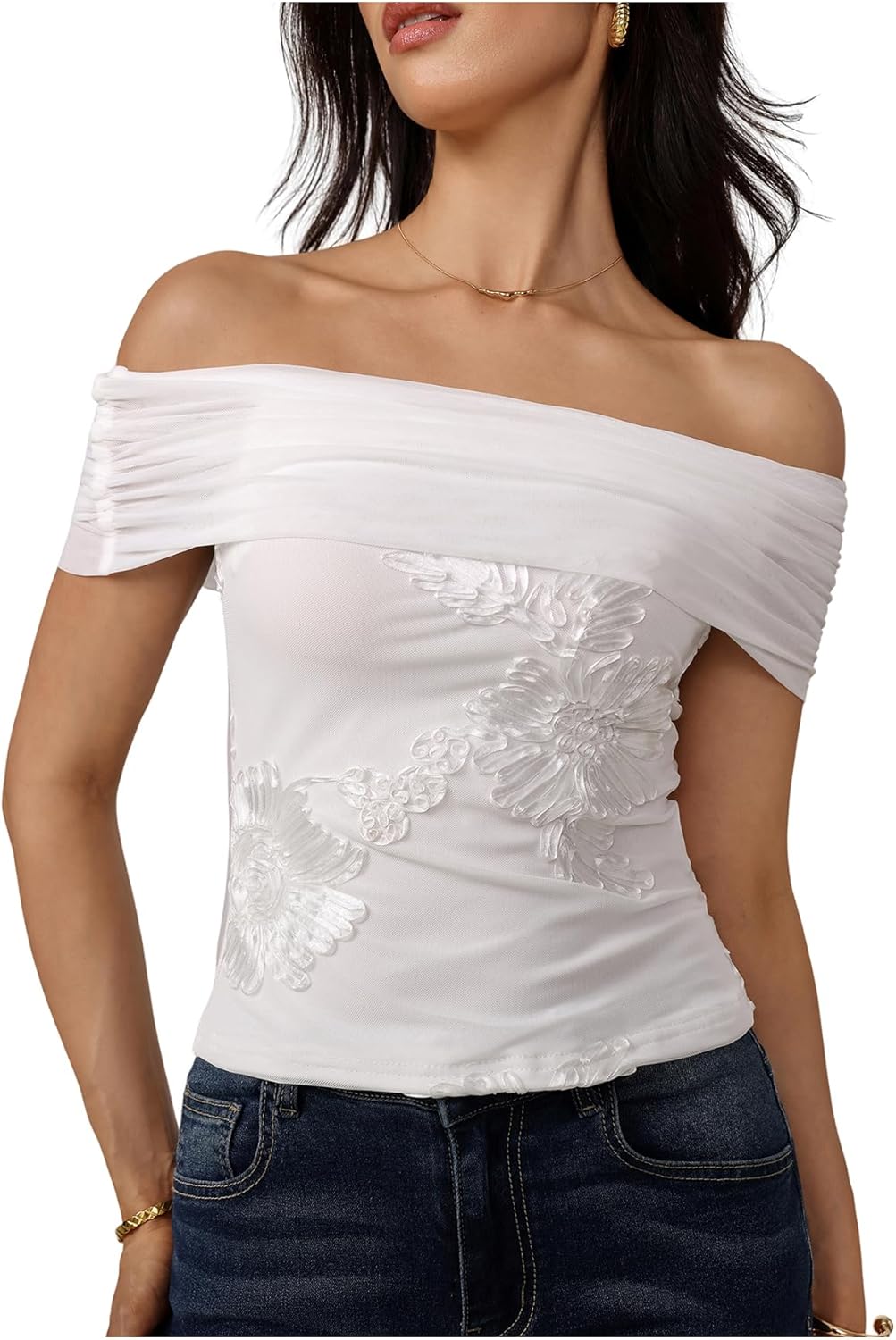 SweatyRocks Women's Off The Shoulder Mesh Blouse Floral Applique Short Sleeve Crop Tops