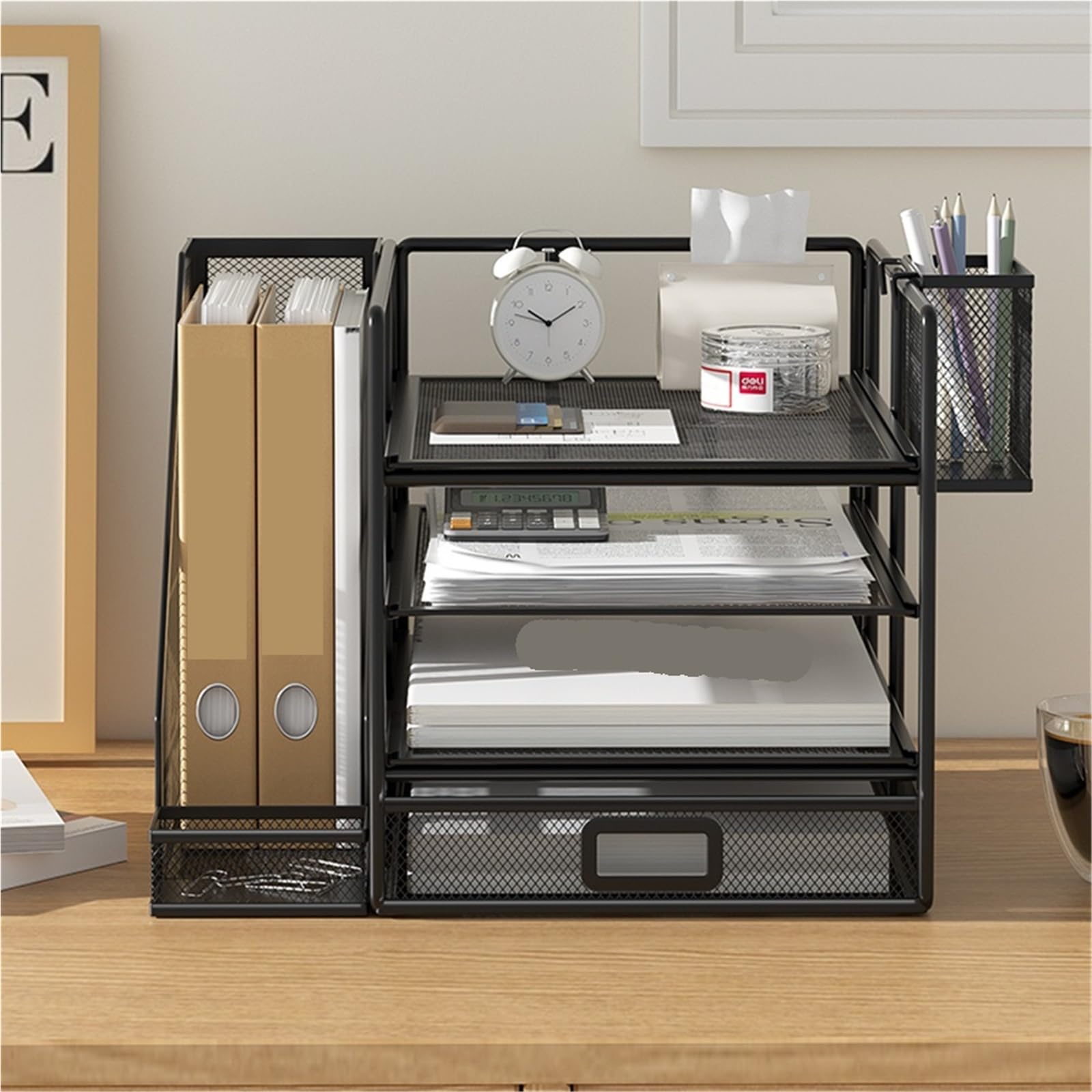 Bandeja para Cartas Organizador de Escritorio con archivador, Organizador Bandeja for Cartas 4 Niveles cajón Deslizante y 1 portalápices, Malla metálica