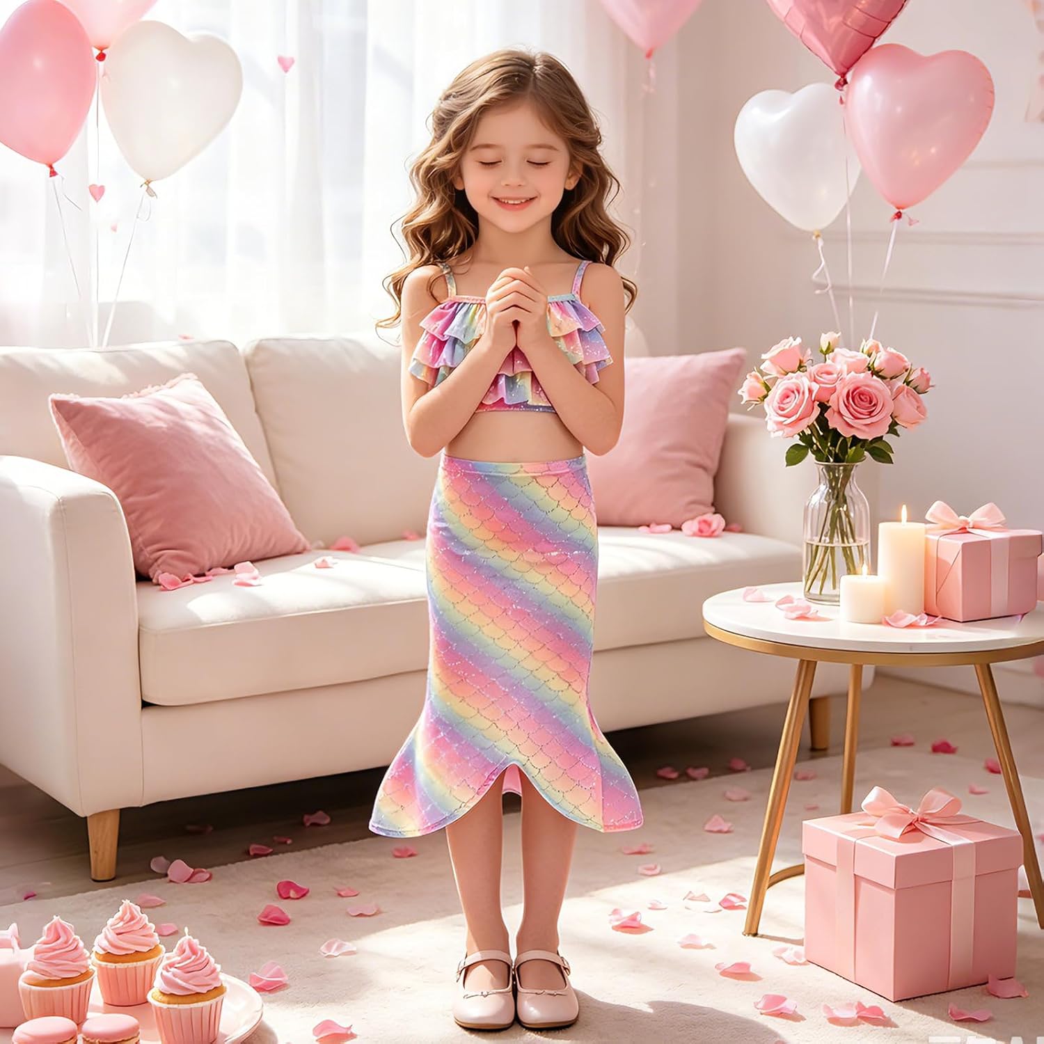Girls Swimsuit 3pcs Bathing Suits Ruffle Bikini Set with Princess Cover up Skirt for Kids Swimwear for 3-8 Years