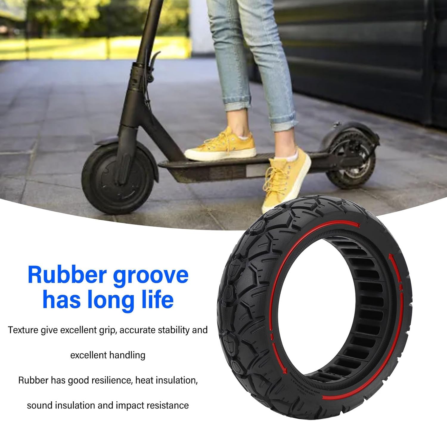 Pomya 10 Inch Solid Tire for KUGOO Electric Scooter, 10x3 255x80 80/65‑6.5 Red Line Universal Electric Scooter Replacement Wheel, Front or Rear Electric Scooter Solid Tire Replacement