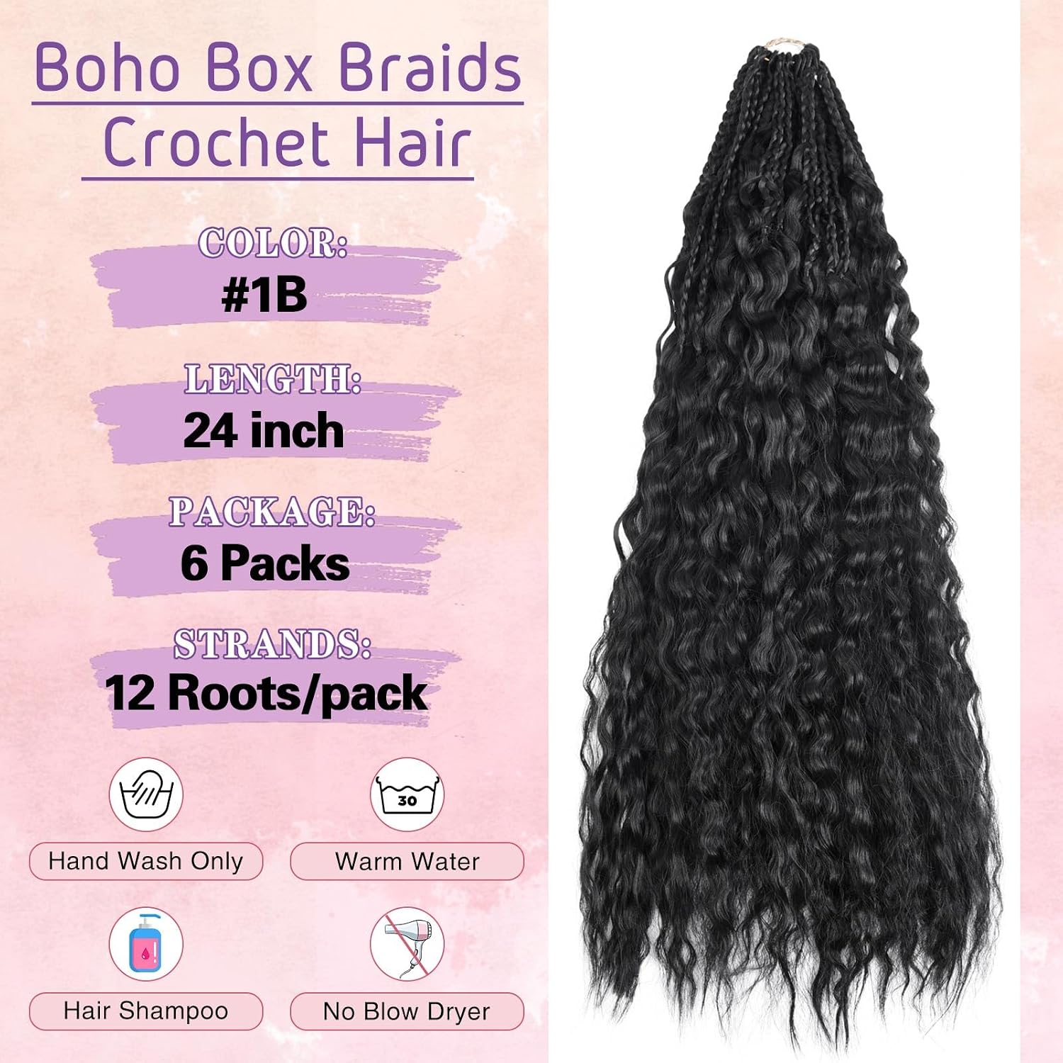 24 Inch Goddess Box Braids Crochet Hair for Black Women With Curls Ends 6 Packs Pre Looped Crochet Boho Box Braids Synthetic Twists Braiding Hair Extensions(1B#)
