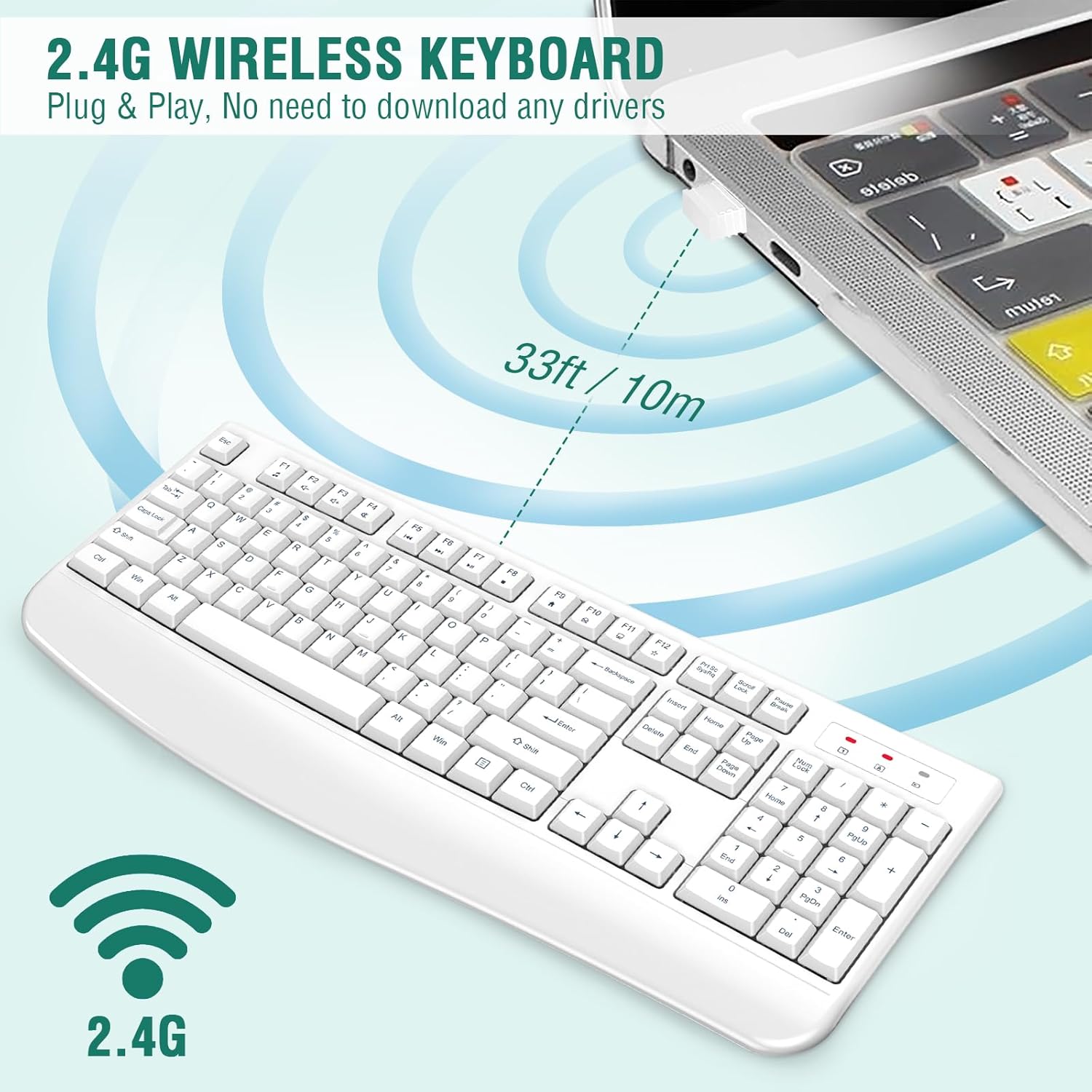 EDJO Wireless Keyboard, 2.4G Ergonomic Full Size Wireless Computer Keyboard with Wrist Rest for Windows, Mac OS Desktop/Laptop/PC White