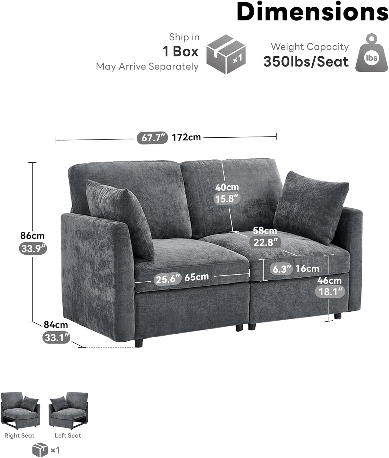Iroomy Loveseat Cloud Couch for Living Room, Spring Cushion，Comfy Modern Chenille Sofa, Grey