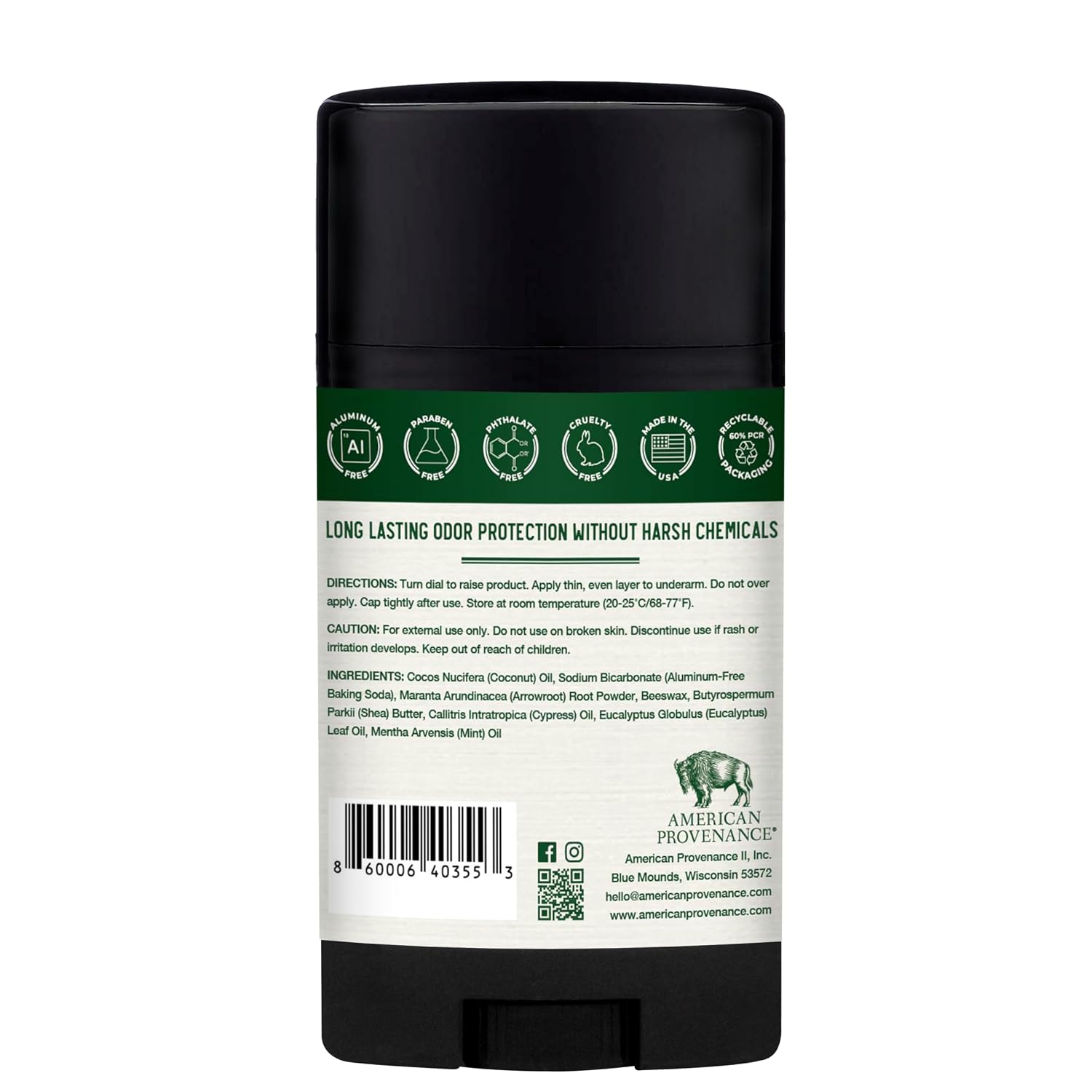 American Provenance Aluminum Free Natural Deodorant For Women and Men - Eucalytus and Mint - 24 Hour Odor Protection Cruelty Free - Made in the USA (1 pack)
