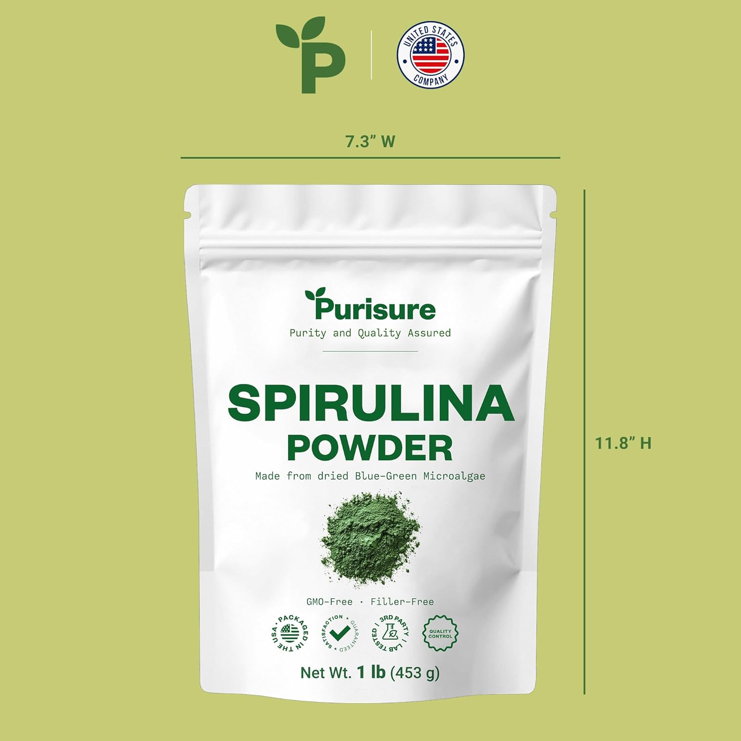 Purisure Spirulina Powder, 453g, Pure Spirulina Powder, Algae Powder Superfood Supplement, Preferred to Chlorella, Vegan Spirulina Powder for Smoothies and Protein Drinks, 453 Servings