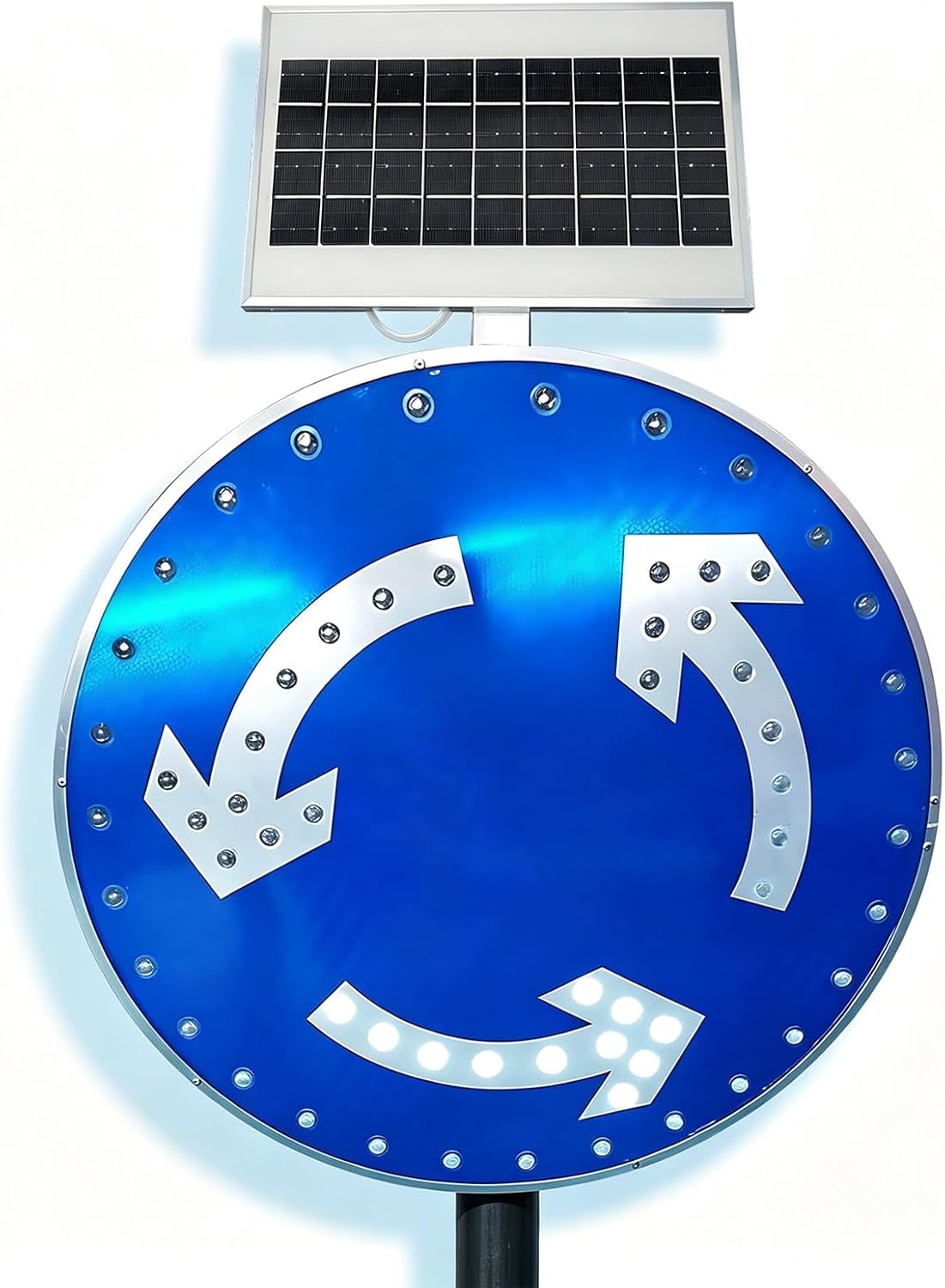 Solar Roundabout Traffic Sign 60cm/23.6in, LED Luminous Aluminum Road Warning Sign, with Solar Panel, Auto On/Off Light, Weatherproof for Highways & Intersections 30in