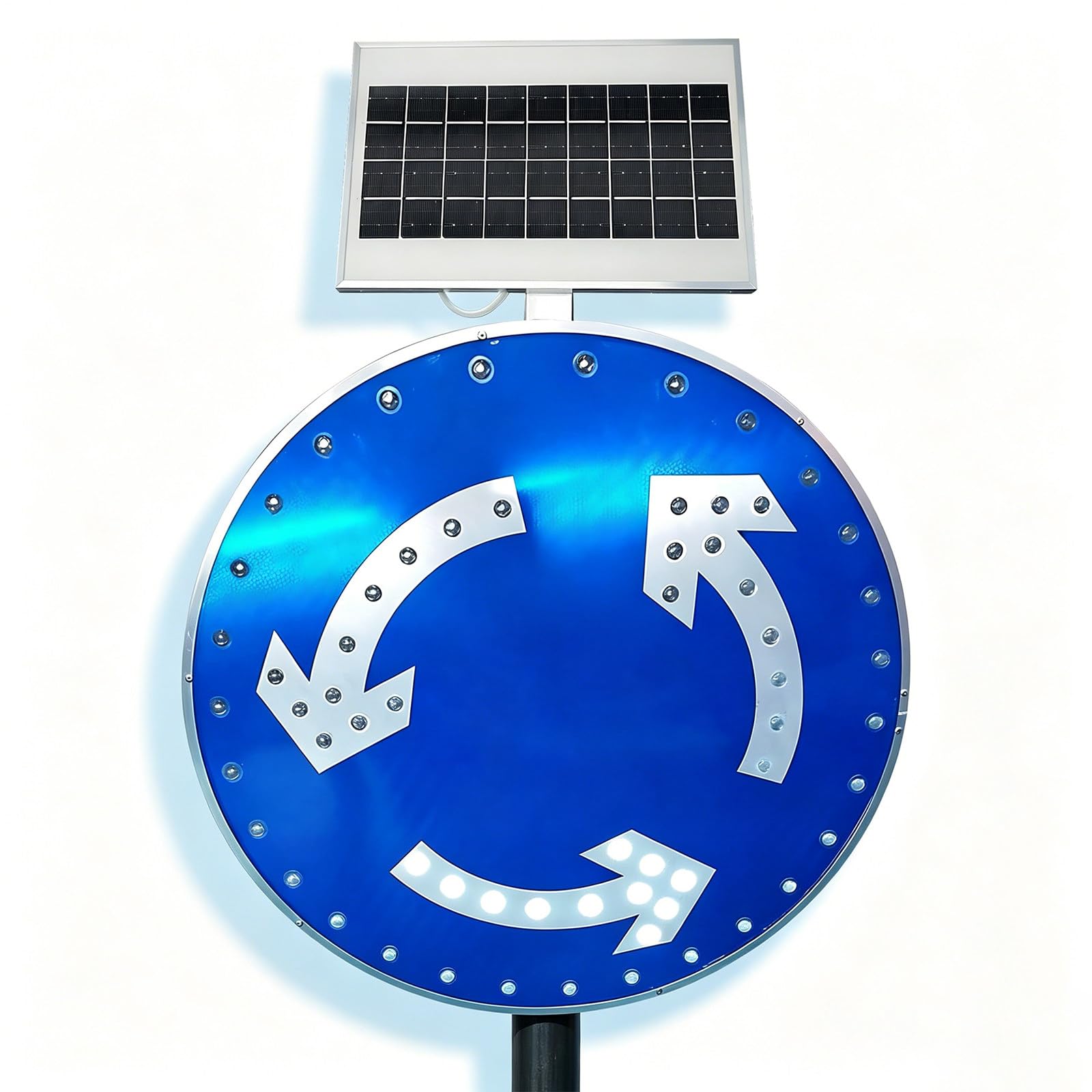 liuyunfeiGL Solar Roundabout Traffic Sign 60cm/23.6in, LED Luminous Aluminum Road Warning Sign, with Solar Panel, Auto On/Off Light, Weatherproof for Highways & Intersections 24in