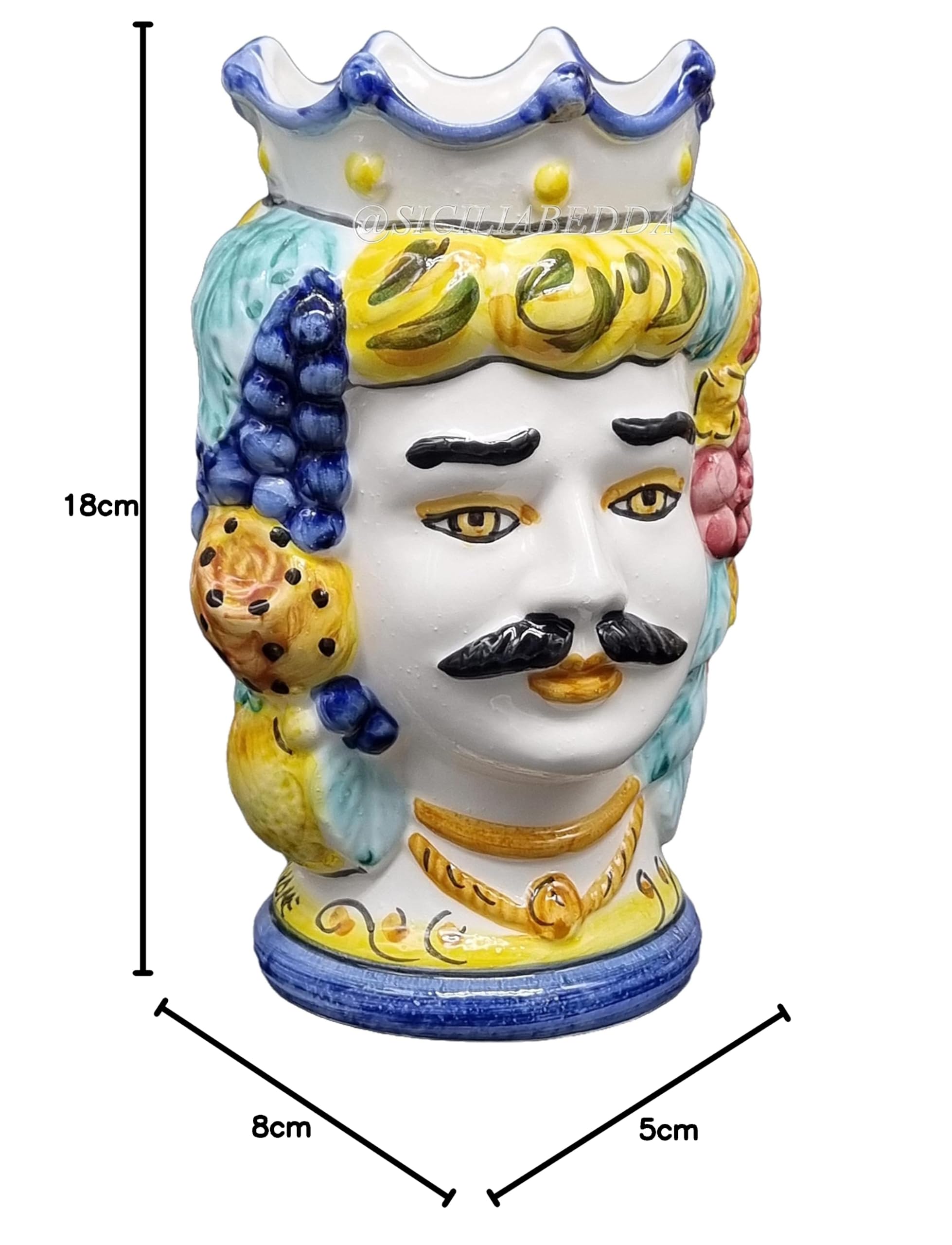 sicilia bedda - SICILIANE Brombeerköpfe aus Keramik aus CALTAGIRONE - Handgefertigt - Höhe 18 cm (Herren, blaue Krone)