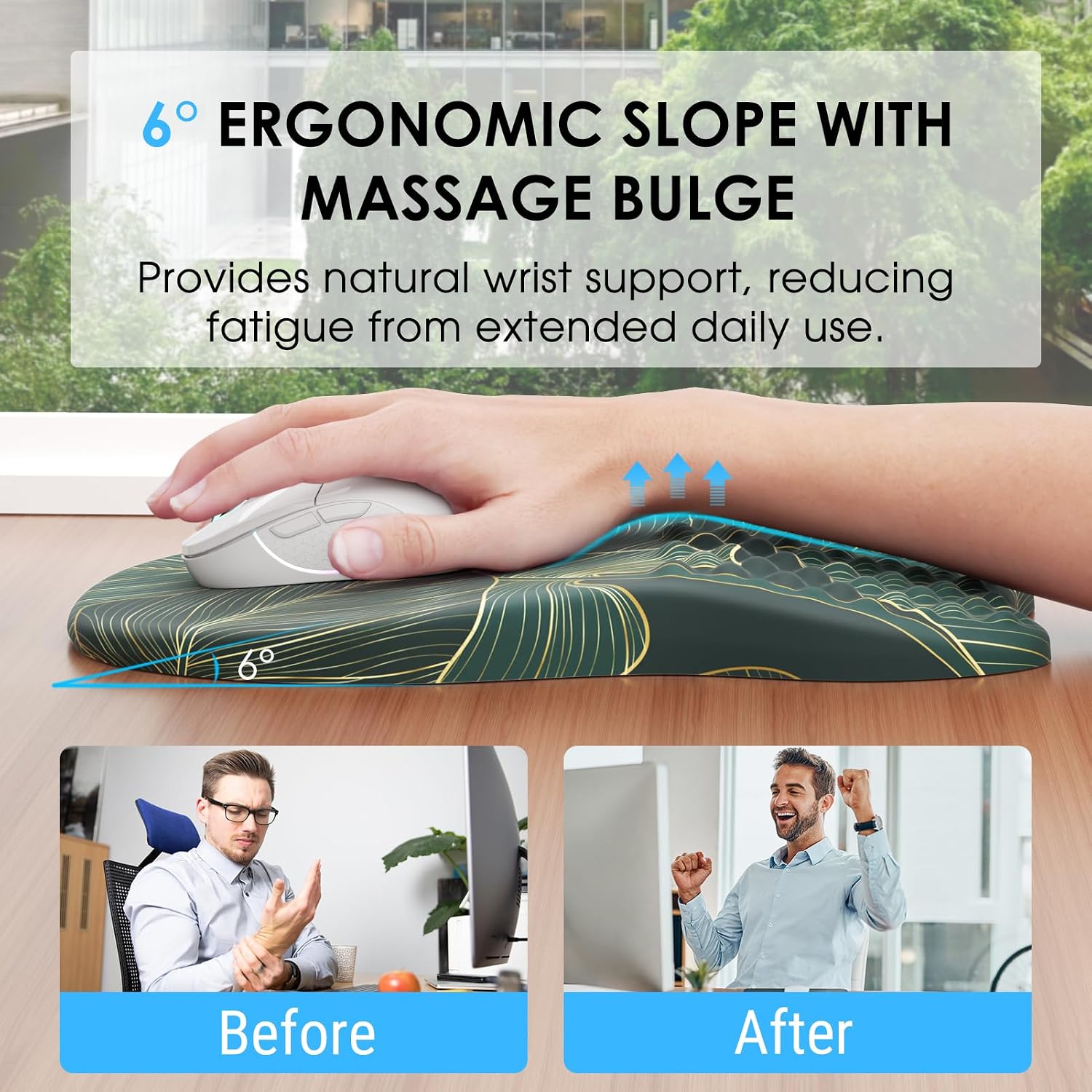 MROCO Ergonomic Mouse Pad with Wrist Support, Wrist Rest Mousepads for Carpal Tunnel Pain Relief, Memory Foam Pad with Massage Bulge and Non-Slip Base for Office, Home, Green Leaves - 2