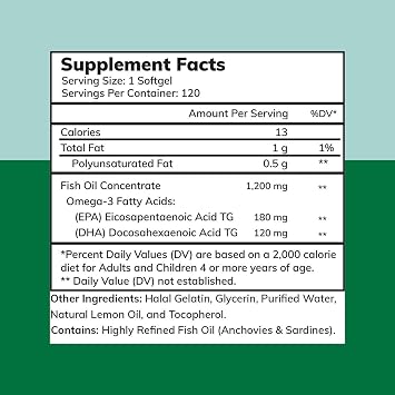 Zaytun Halal Fish Oil 1200mg Omega-3, Premium EPA/DHA, One Per Day, Daily Wellness Support, 4 Months Supply, Lemon Flavor, Keto Friendly, Gluten Free