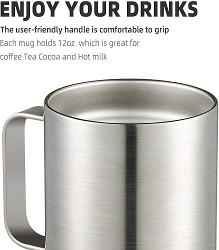 Miniatura 4 de MEWAY Taza de café de 12 onzas con asa, paquete de 2 vasos de viaje aislados de acero inoxidable con tapa deslizante, taza de campamento al vacío de