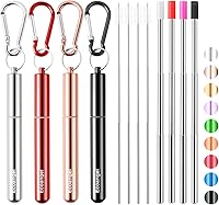 Vista 8 de Cruise Ship Essentials, paquete de 4 popotes plegables reutilizables de acero inoxidable con estuche de aluminio, cepillo de limpieza y llaveros