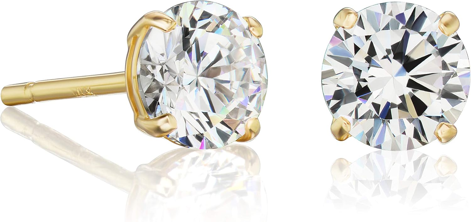 14k Gold Solitaire Round Stud Earrings Made with Cubic Zirconia