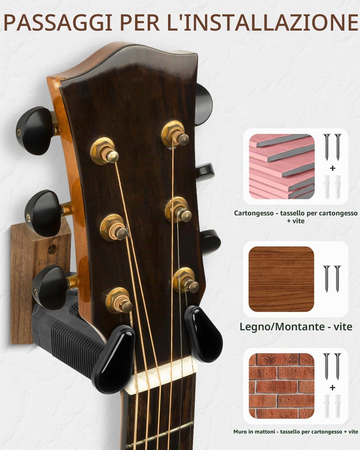 STRICH Supporto da parete per chitarra, base in noce, supporto da parete per chitarra a forma di U, con viti, blocco automatico, gancio per chitarra acustica, elettrica, banjo, basso (confezione da 2)
