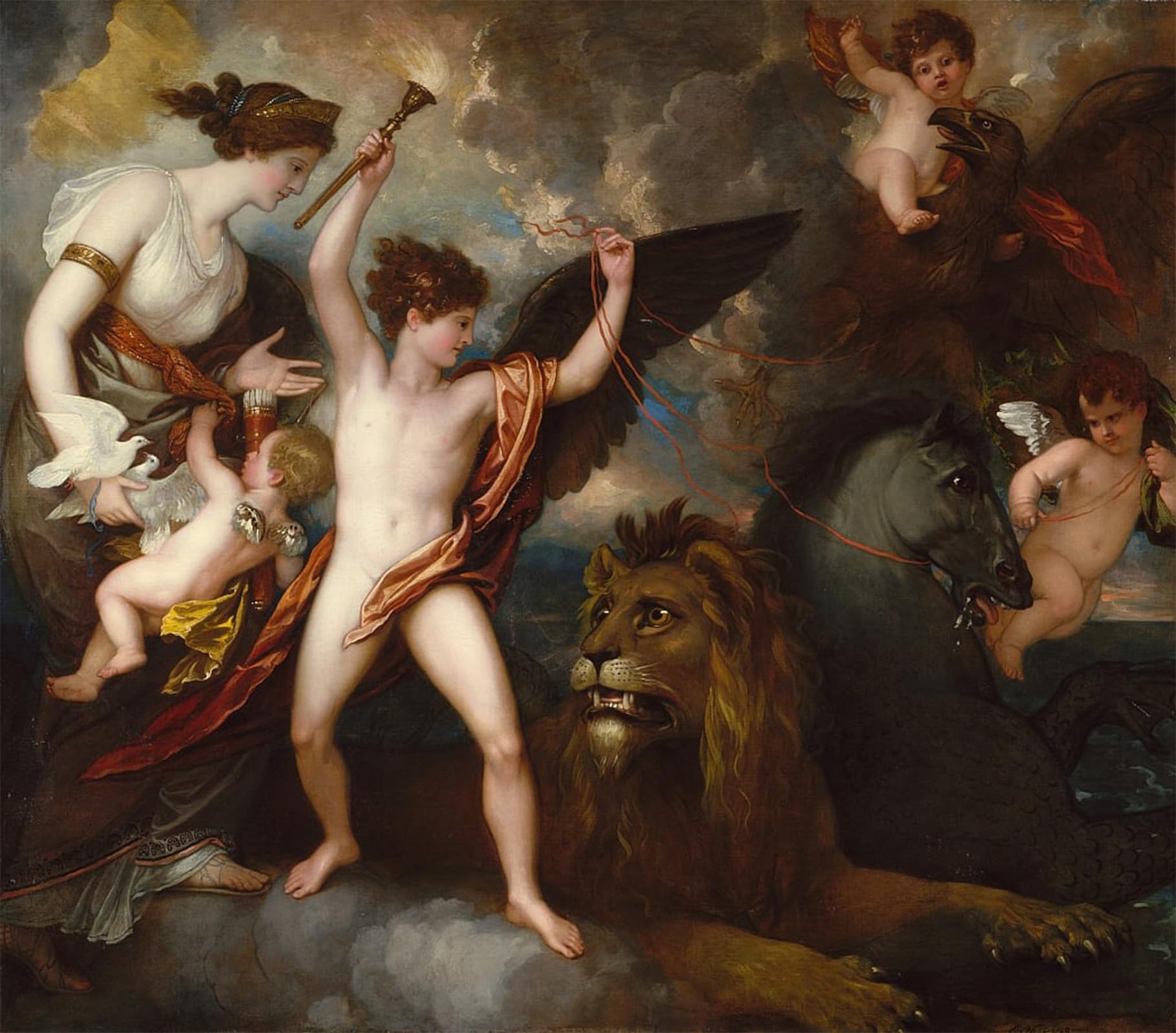 SERENDIPITP Vintage Picture Print on Canvas Wall Art Poster Vincit Amor or the Power of Love in the Three Elements by Benjamin West Artwork Print Poster for Wall Decor 60x90cm