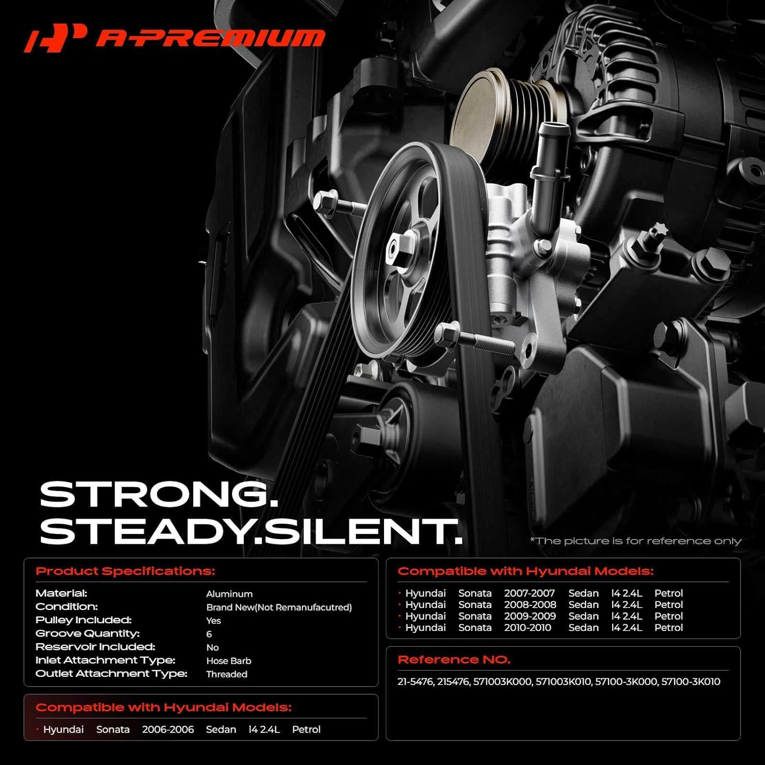 A-Premium Power Steering Pump, with Pulley, Compatible with Hyundai Sonata 2006 2007 2008 2009 2010, L4 2.4L, Replace # 571003K000