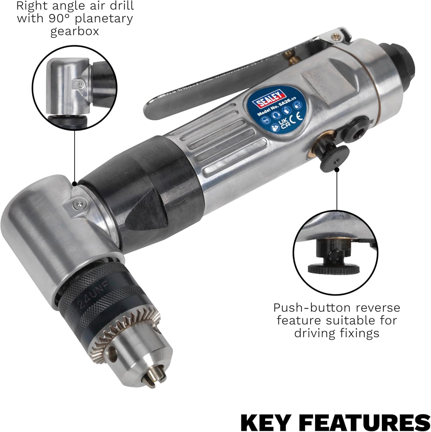 Sealey SA26 Reversible Air Angle Drill, 10mm Ø, 52mm x 230mm x 113mm, Silver