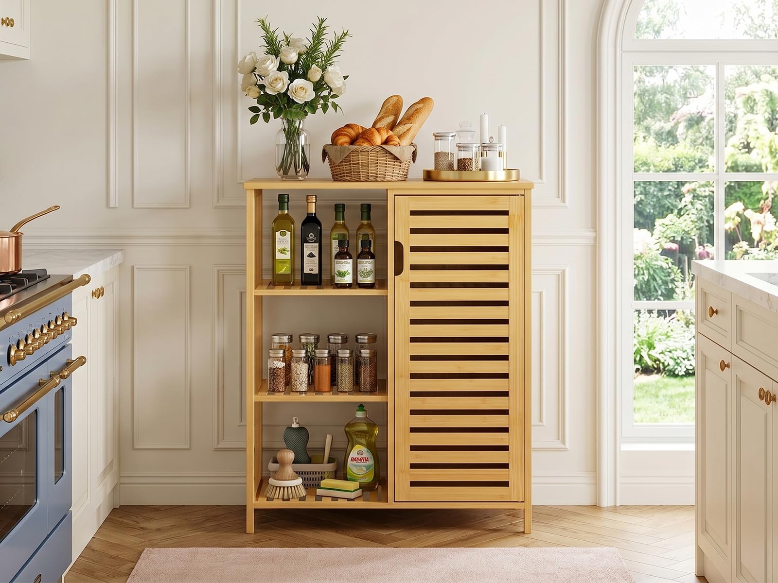 HITNET Mueble Baño Bambu, Armario Bajo Baño Auxiliar, Gabinete de Almacenamiento con Puerta y 3 Estantes Abiertos, para Sala de Estar, Cocina, Entrada, Natural