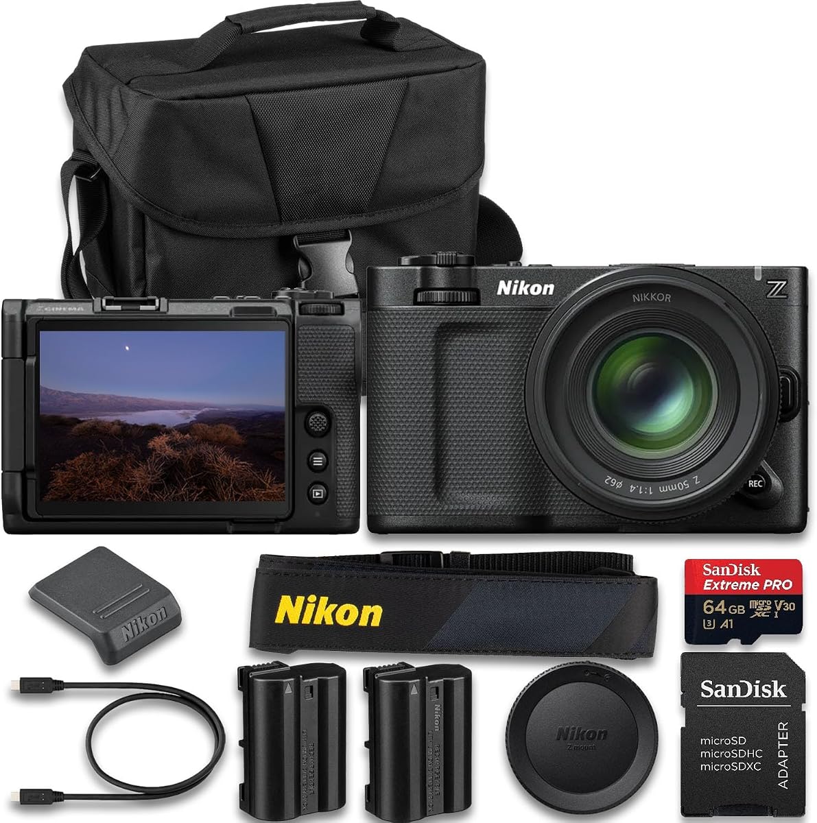 Cámara de cine Nikon ZR con lente NIKKOR Z 50 mm f/1.4 + SanDisk Extreme Pro 64 GB + batería de repuesto adicional y funda de transporte para cámara (paquete de 14 piezas)