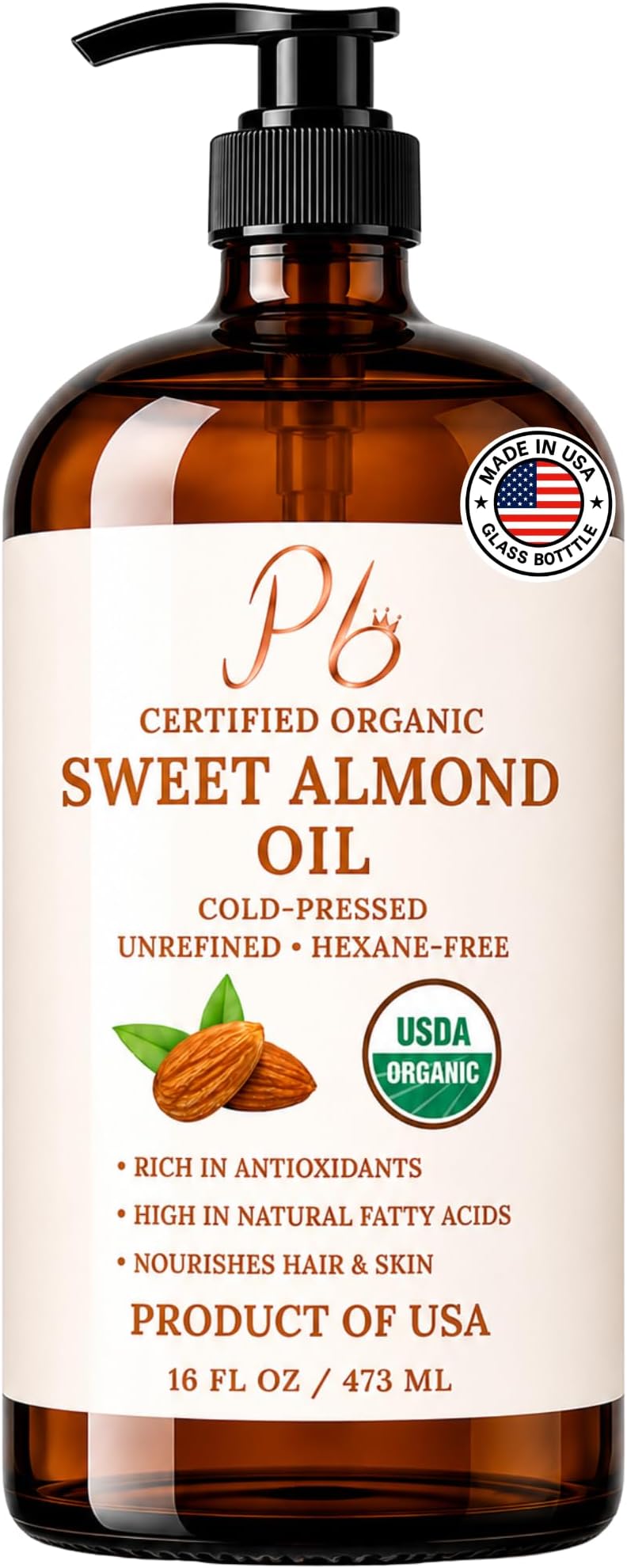 Almond Oil 16 fl oz, USDA Organic Cold-Pressed Sweet Almond Oil for Skin, Hair & Body, Premium Organic Carrier Oil in Glass Bottle with Pump, Non-Greasy, Unscented, Hexane-Free