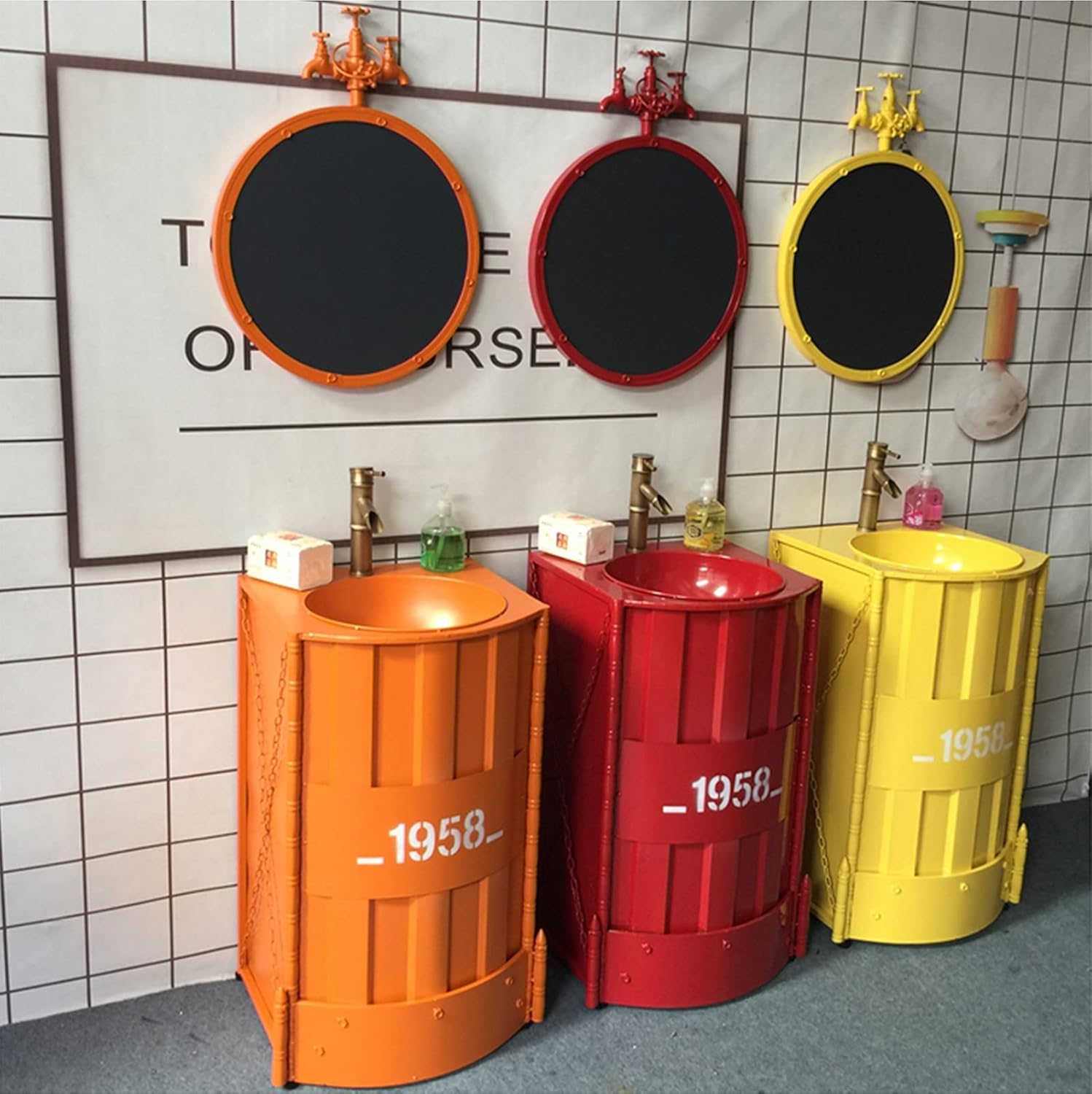 Free Standing Vanity Basin Bathroom Unit & Sink Floorstanding Gloss Full Pedestal Cabinet Under Unit, 20.8 x 18.8 33.4in,A:Red,with Mirror (A:red Without Mirror)