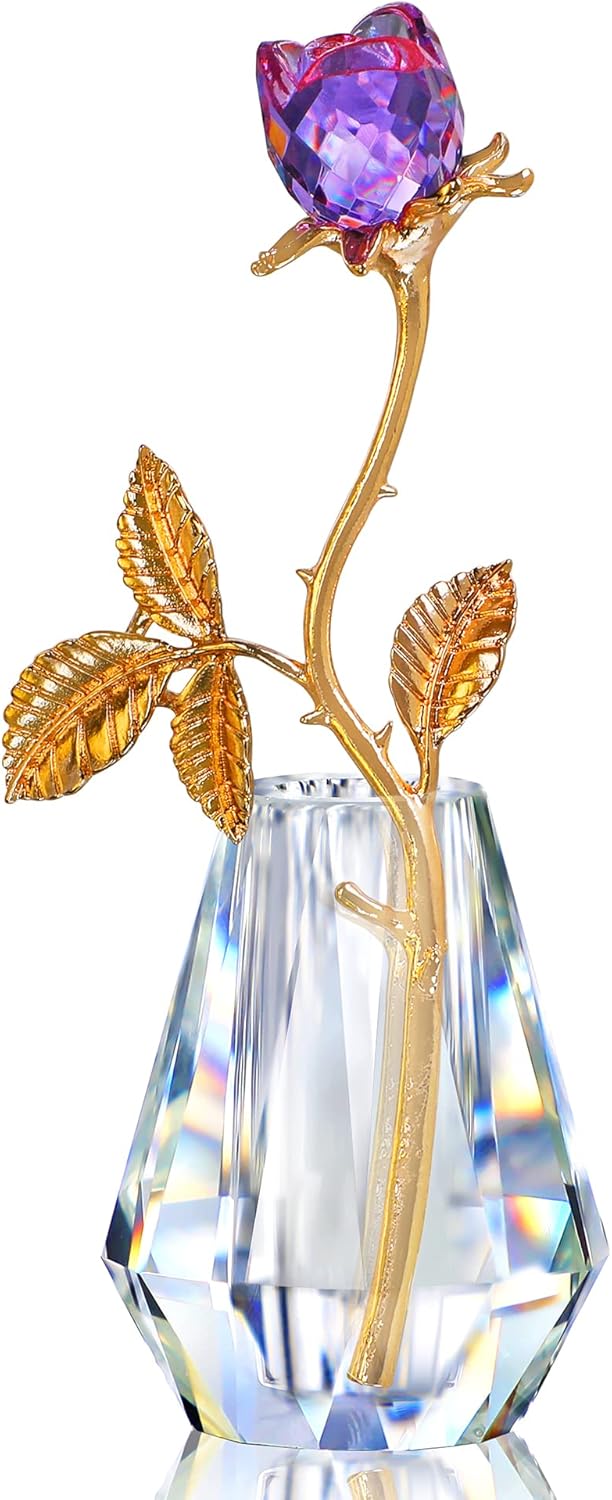 Crystal Rose Flowers Figurine, Glass Purple Roses with Stems,Rose Flower Gifts for Woman,Crystal ...