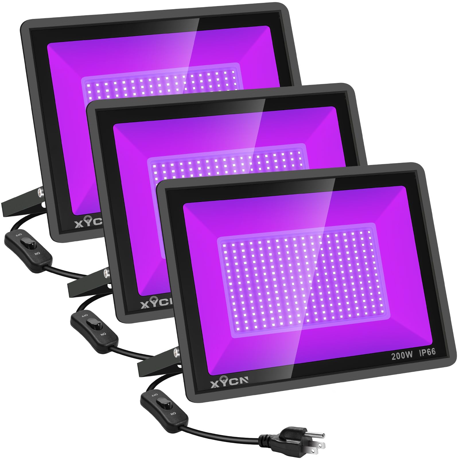 XYCN 3 Pack 200W LED Flood Black Lights,Outdoor Flood Blacklight Light with Plug, IP66 Waterproof forGlow in The Dark, Dance Party, Stage Lighting, Body Paint, Fluorescent Poster, Neon Glow