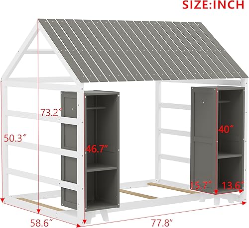 Miniatura 2 de Cama de madera de tamaño matrimonial con tela para niños, cama de plataforma de casa con diseño de valla y techo, cama Montessori para niños