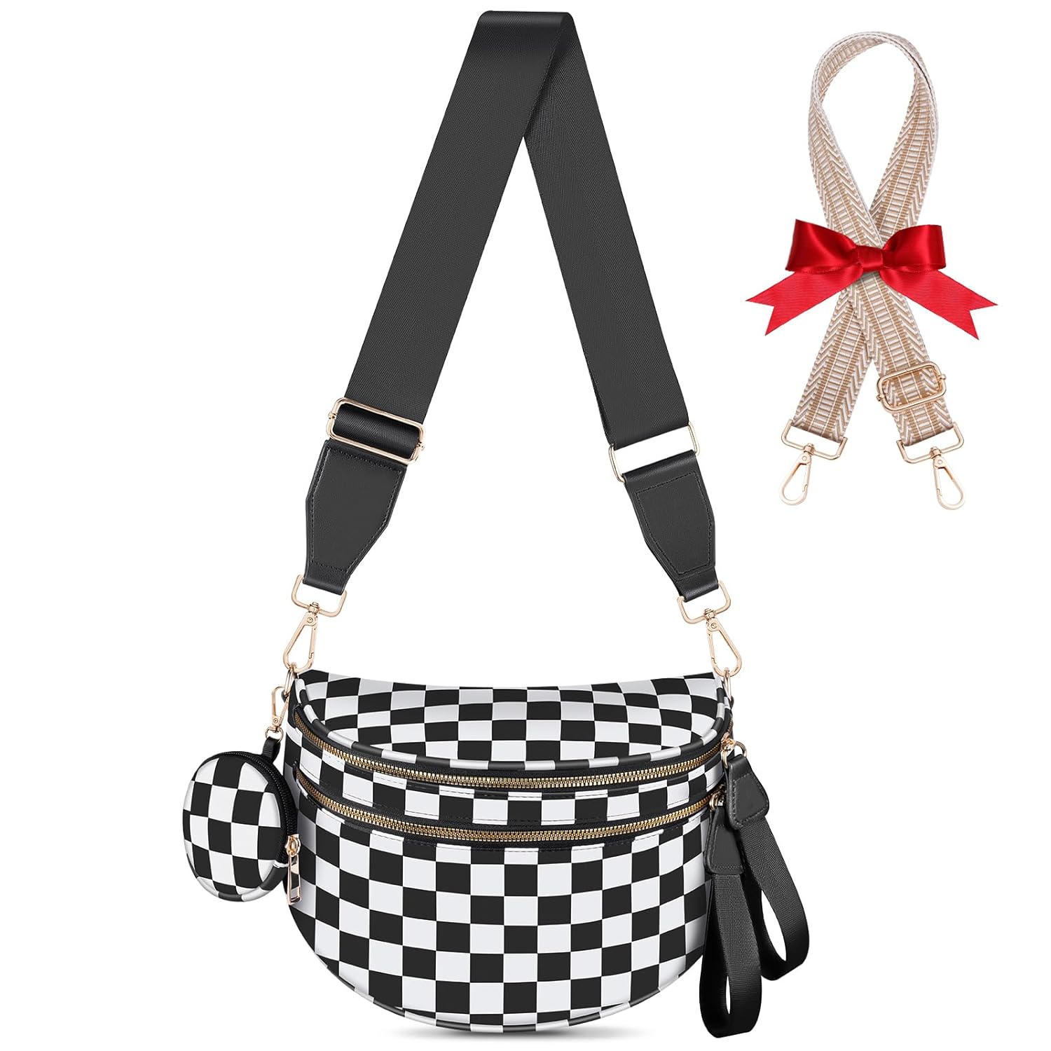 Bum Bags for Women Checkered Crossbody Bag Large Nylon Belt Purse Fanny Packs Bonus with a Extra Strap