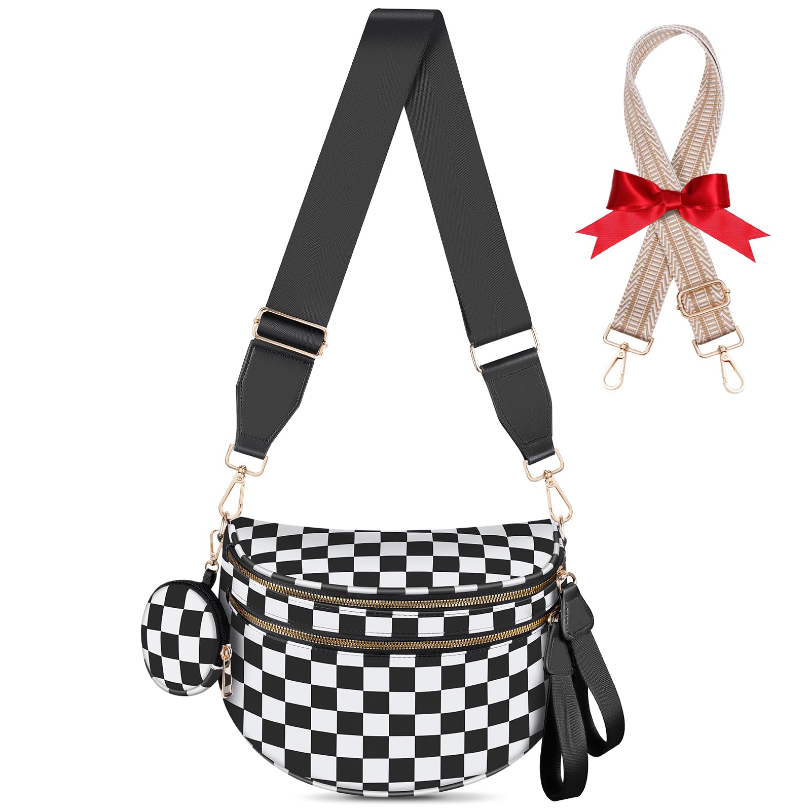 Bum Bags for Women Checkered Crossbody Bag Large Nylon Belt Purse Fanny Packs, Bonus with a Extra Strap