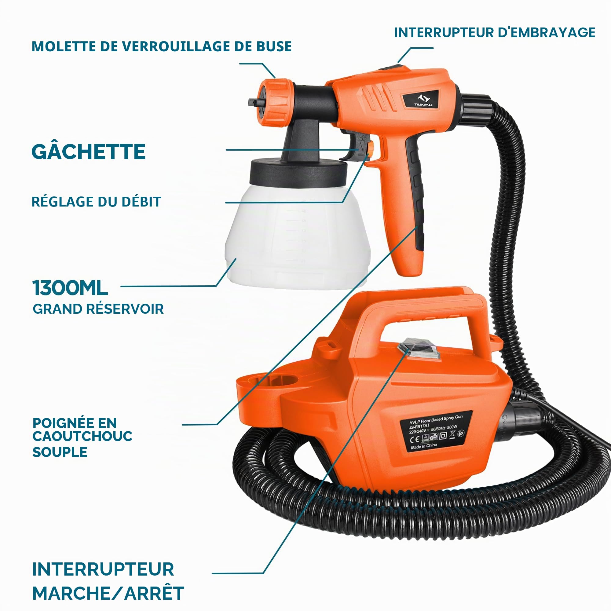 Tilswall Pistolet a Peinture, 800W Pistolet Peinture,1300ML Récipient Détachable,3 Buses et 3 Motifs, Facile à Pulvériser et Propre pour Maison, Armoires, Clôtures, Plafonds