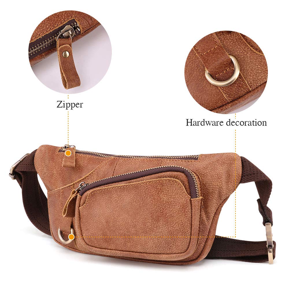 BAIGIO Riñonera de Cuero Hombre Mujer de Moda Bolsa Cinturón Piel Vintage Bolsos para Teléfonos Bandolera Multifuncional Bolsillos Ajustable Bolso de Cintura Casual Viajar Acampada (Marrón)