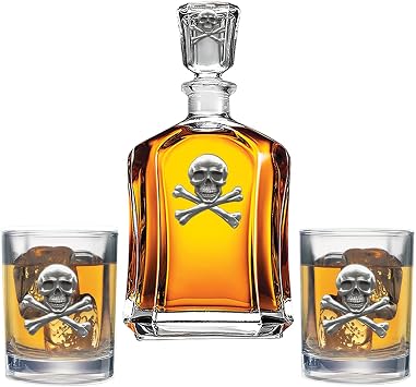 Heritage Pewter Bones N Skulls Decanter with 2 Glasses Combination Set | 24 OZ Pourer with 2 Double Old-Fashioned Glasses | Expertly Crafted Pewter Glass
