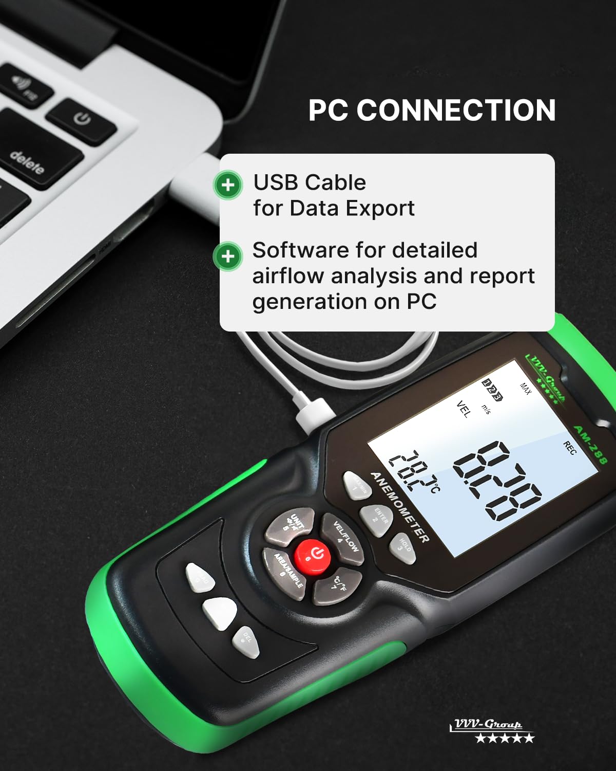 Hot Wire Anemometer AM-288 – HVAC Airflow Meter for Duct and Vent Testing, CFM/CMM Air Volume Calculation, Wind Speed & Temperature Measurement, Data Logging, USB PC Software