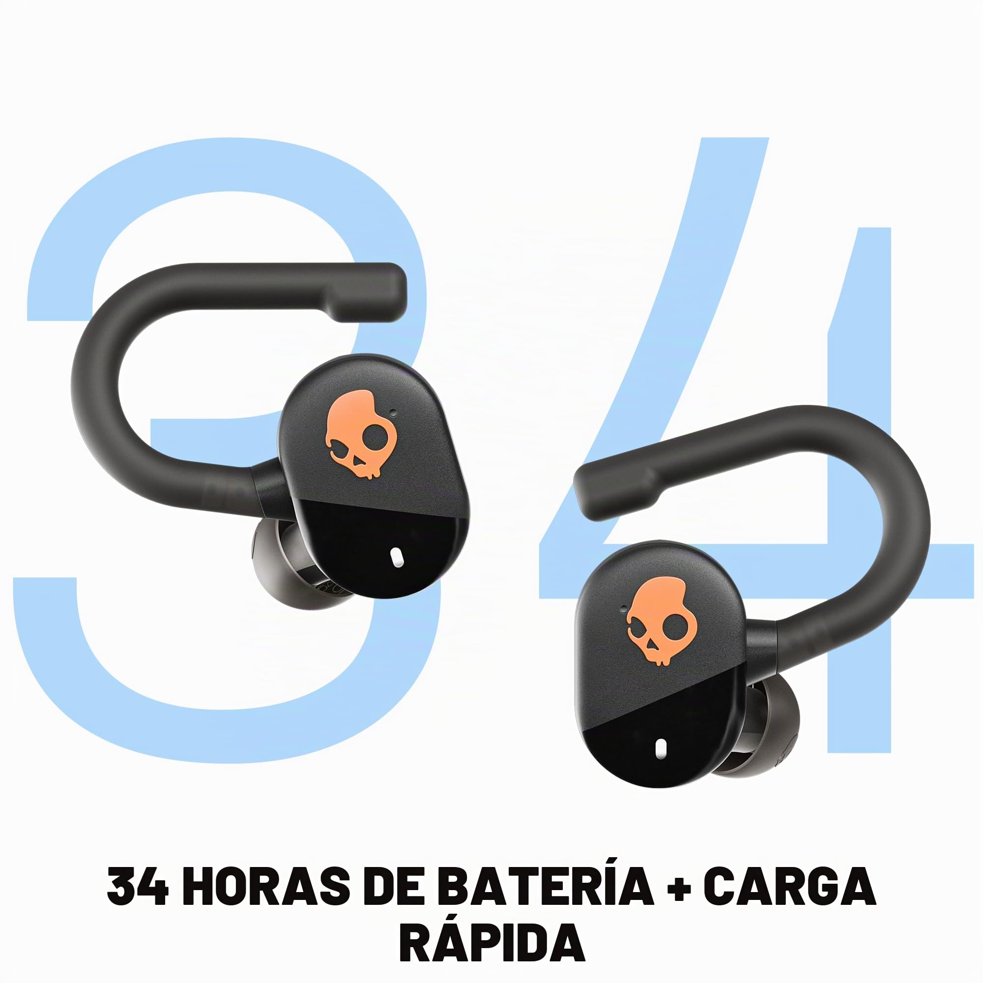 Skullcandy Push Play Active Auriculares In-Ear Inalámbricos, 34 h de Autonomía, Modo Stay-Aware, Micrófono, Compatibles con iPhone Android y Dispositivos Bluetooth. True Black/Orange