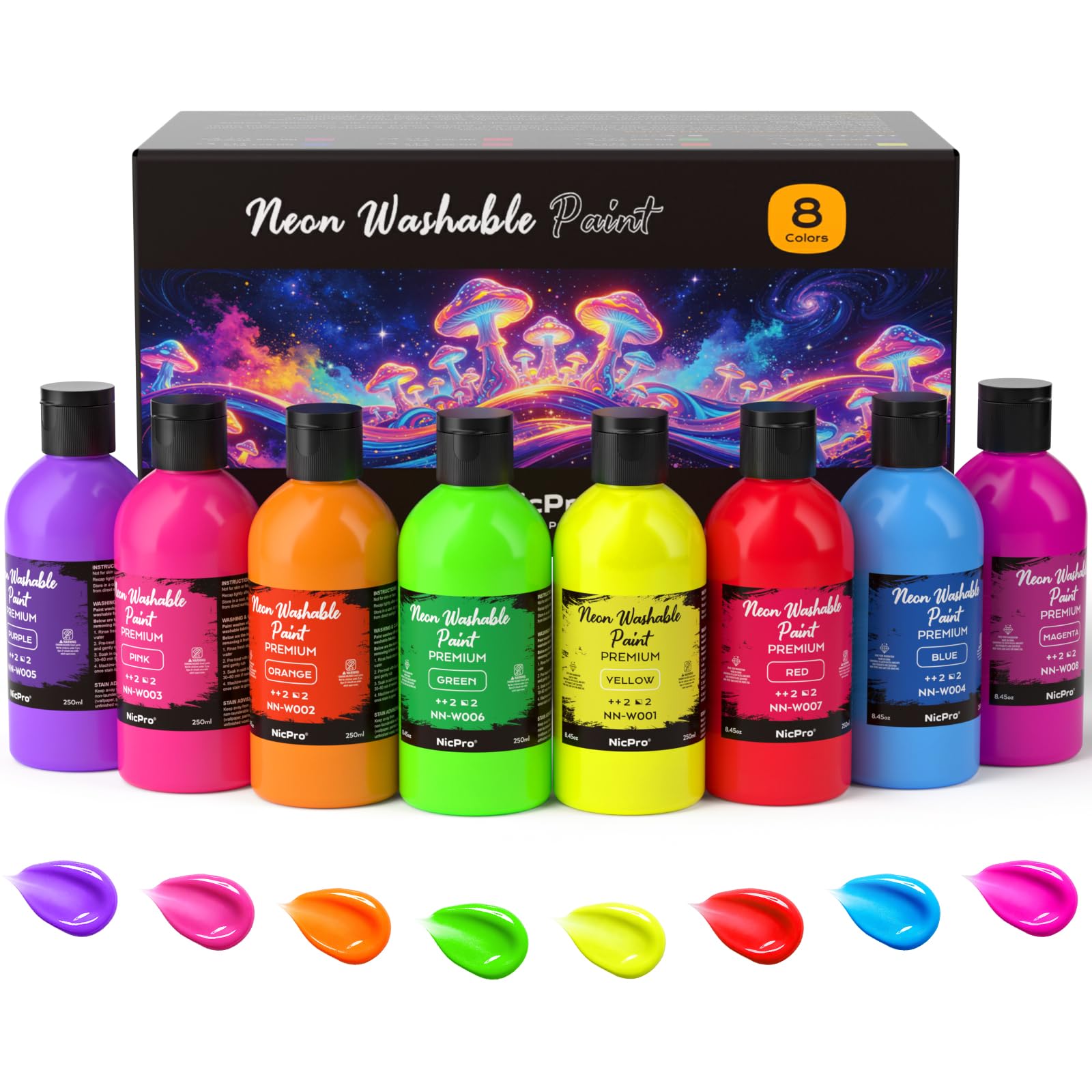 Nicpro 8 Colors Fluorescent Large Washable Paint Set for Kid (8.45 oz)