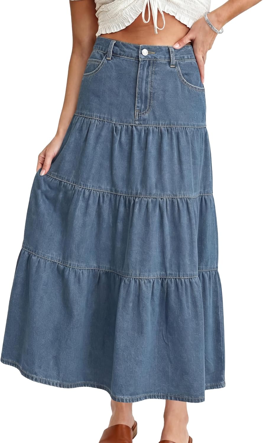 Womens Long Denim Skirt Elastic High Waist Tiered Ruffle Swing A-Line Summer Boho Jean Maxi Skirts with Pockets