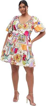 City Chic Womens Plus Size Dress - Simona Print Puff Sleeve Mini