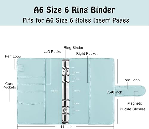 Vista 33 de Antner - Archivador de piel sintética con 6 anillos, para papel de tamaño A6, agenda personal con hojas sueltas y cubierta con cierre magnético