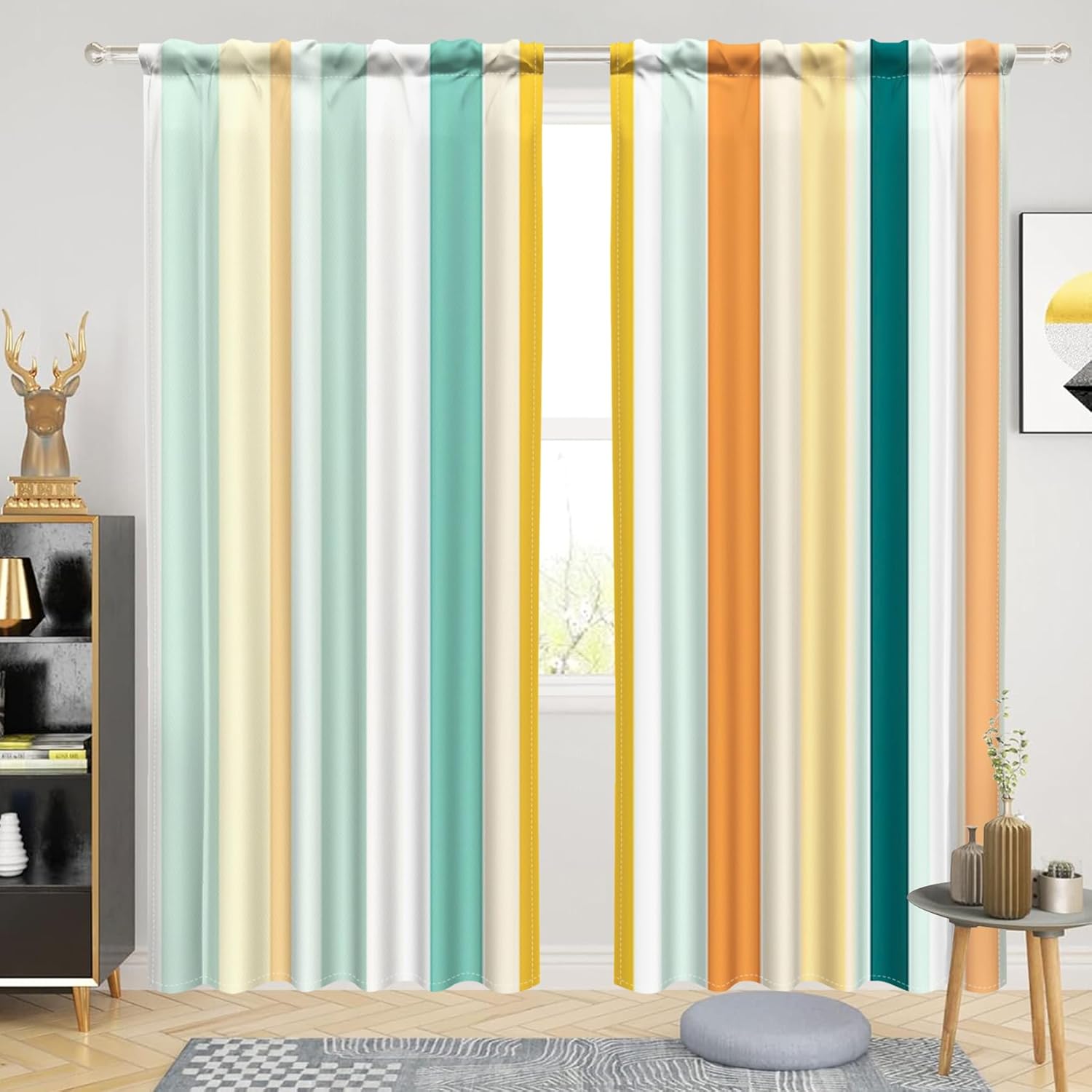 Renaiss 26 x 63 Inch Stripe Curtains for Living Room Bedroom Decor Farmhouse Style Curtains Geometric Striped Thick Linen Summer Insulated Light Filtering Curtain Window Treatment Drapes 2 Panels