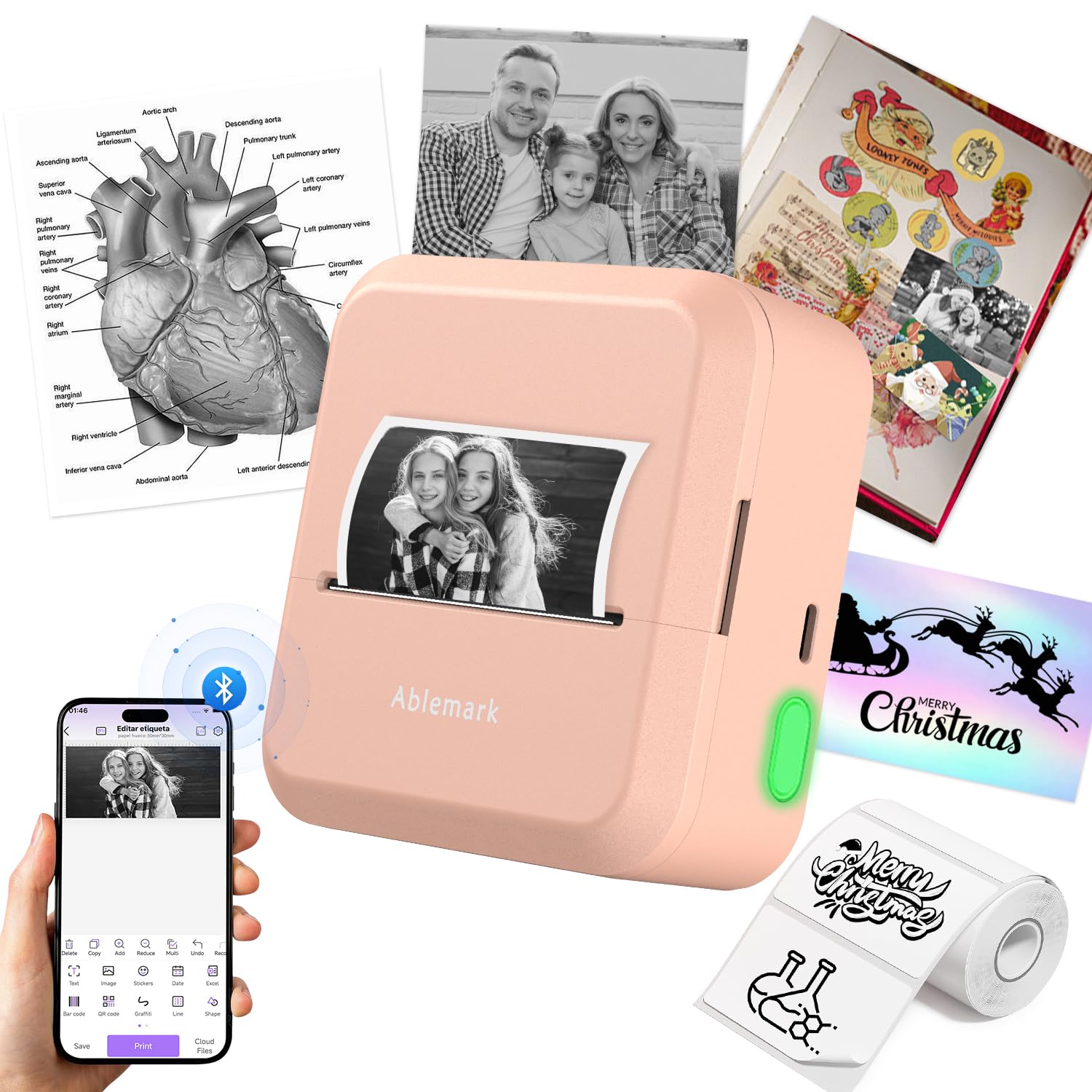 Mini Imprimante Thermique Portable Bluetooth sans Encre, Étiqueteuse Autocollante 1 Rouleau (12-50mm)