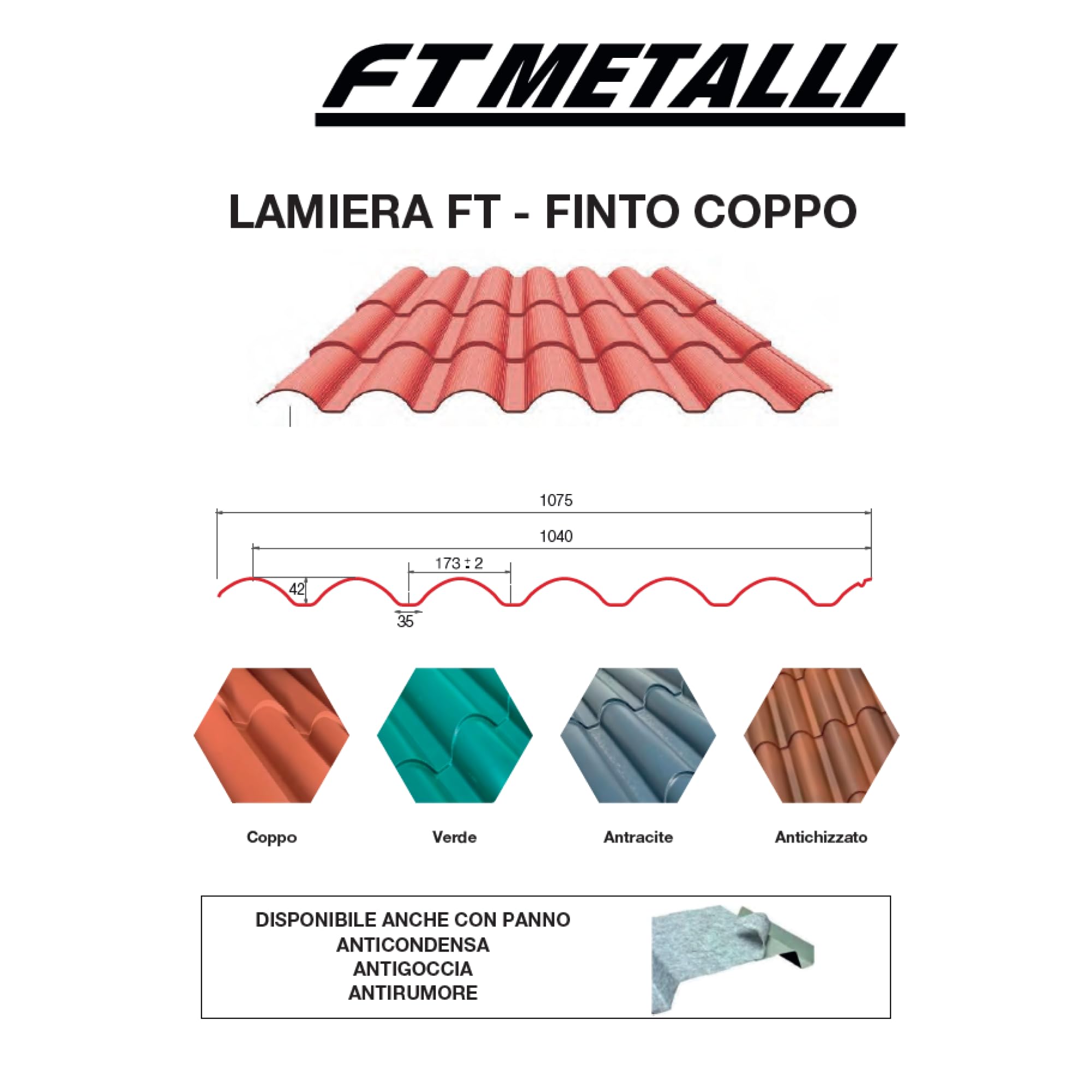 lamiera ondulata finto coppo copertura tettoia per esterno - lamiera zincata - colore rosso coppo - larghezza 1 metro lunghezza 2,45 metri