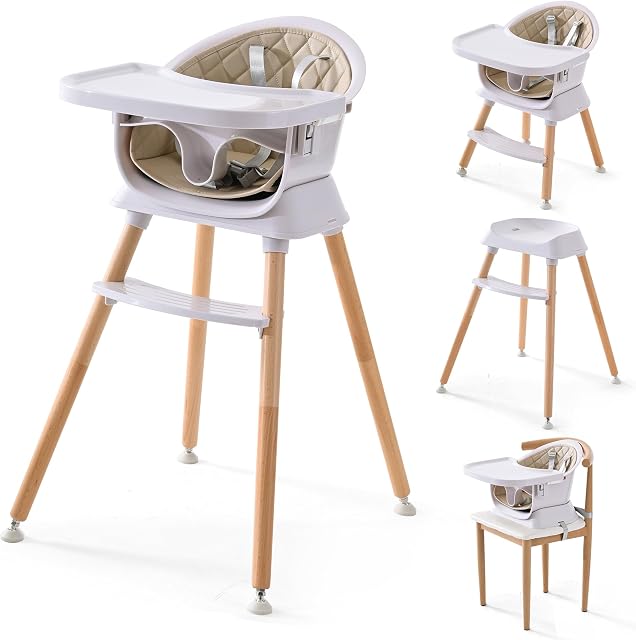 6-in-1 Chaise haute bébé en bois, siège booster, Hrusitoo Chaises haute convertibles pour bébés et tout-petits avec hauteurs réglables et bac à lave-vaisselle amovible