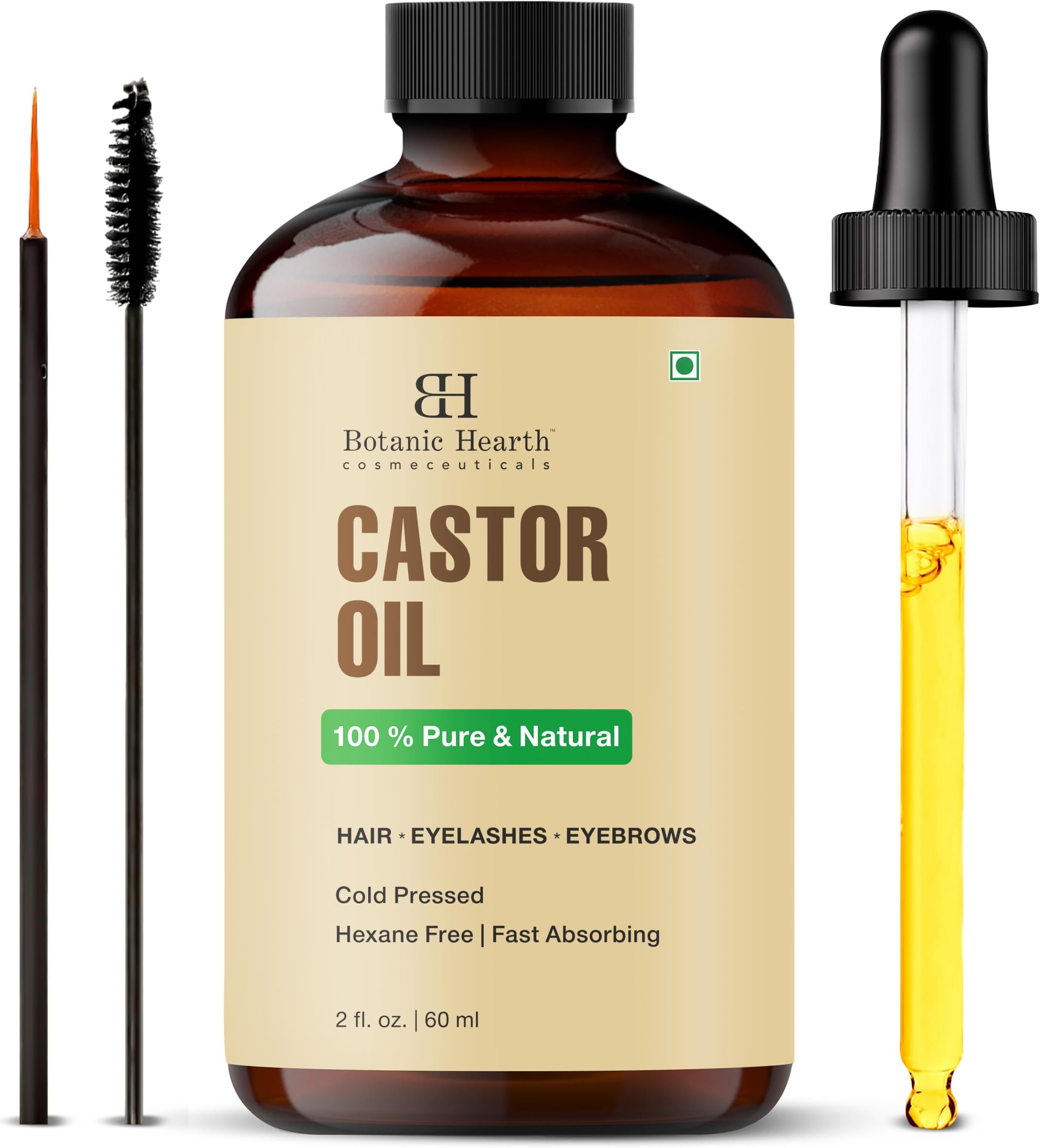 Castor Oil 2 fl oz (60 ml) | Cold Pressed | Hexane Free, 100% Natural | Pure Castor Oil Organic for Eyelashes, Hair Growth, Eyebrows, Skin, Face | 100% Natural and Vegan