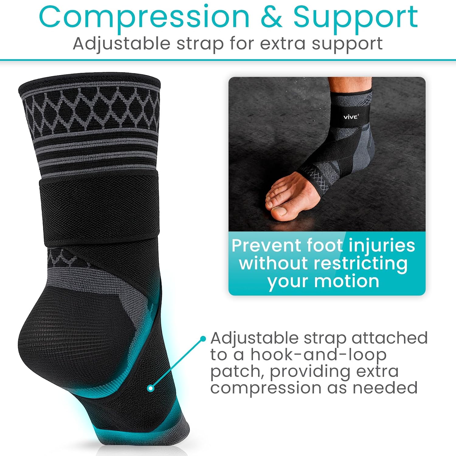 Vive Ankle Compression Sleeves with Straps - Brace for Women and Men - Support Wrap for Achilles Tendonitis, Sprains, Plantar Fasciitis, Pain Relief - 2 Pack (Large)