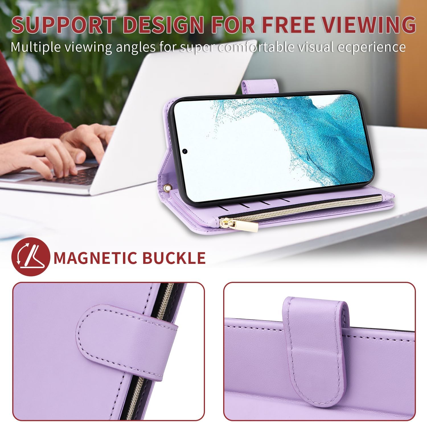 Wallet Case for Samsung Galaxy S21 5G 6.2 inch Wrist Strap Crossbody Shoulder Strap Luxury PU Leather Flip Zipper Purse Card Holder Slots Protector Stand Phone Cover S 21 21S G5 Girls Purple