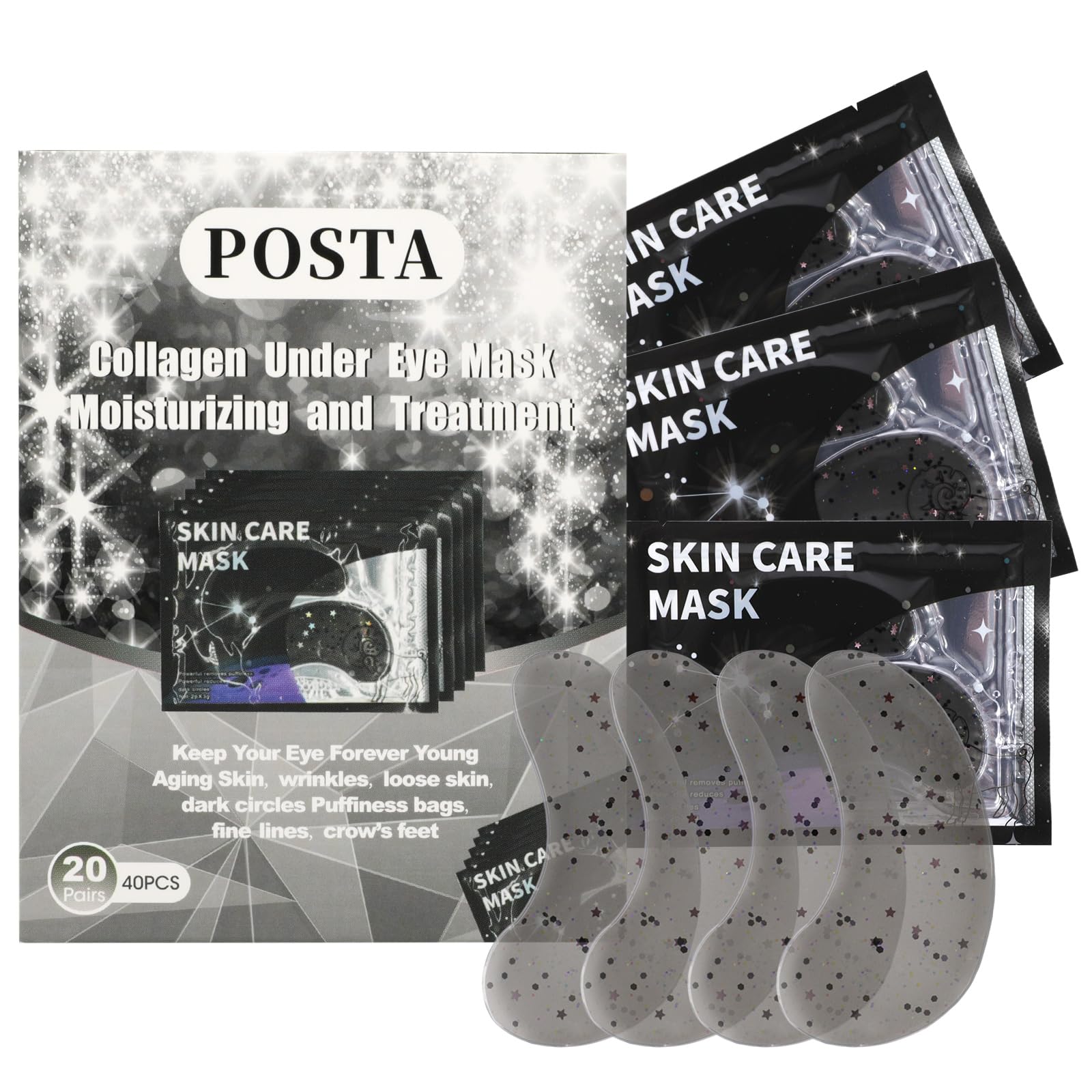 POSTA 20Pairs 40Pcs Collagen Eye Mask, Glitter Under Eye Patches for Dark Circles and Puffiness, Hydrating Eye Skincare Reduce Wrinkles and Fine Lines